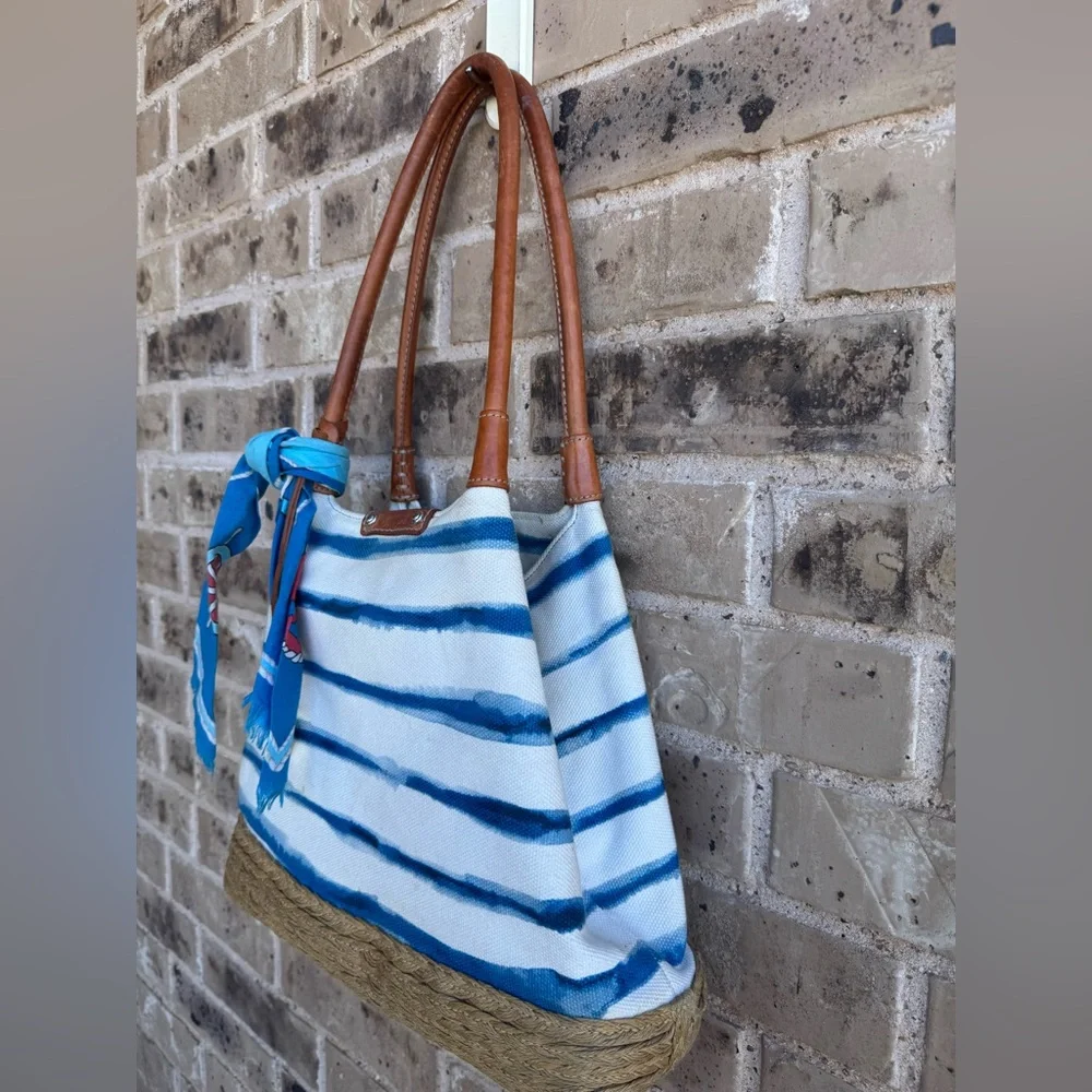 Brighton Espadrille Blue and White Striped Nautical Tote with Tan Handles - Picture 14 of 16